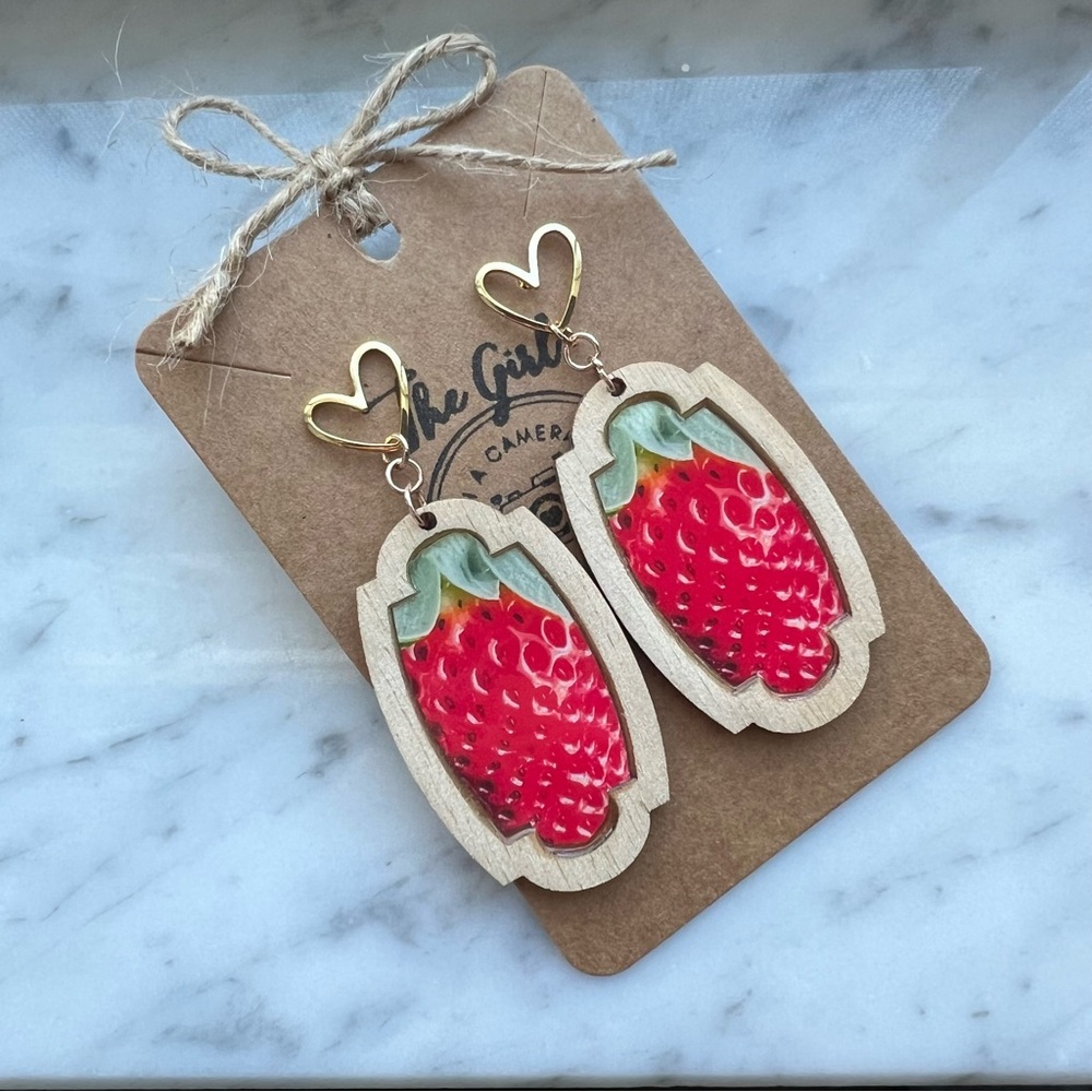 Handmade, one of a kind Strawberry Wooden Earrings with Heart Accents